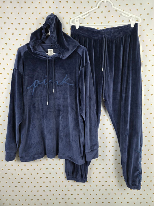 Victorias Secret Pink Blue Logo Embroidered Velour Sweats Hoodie SET LARGE