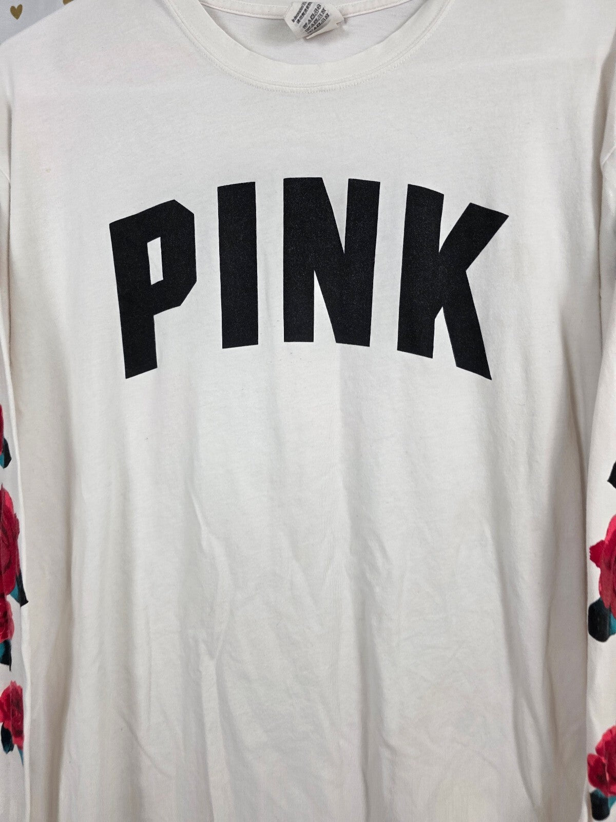 Victorias Secret PINK Rose Logo Long Sleeve White Tee shirt Medium