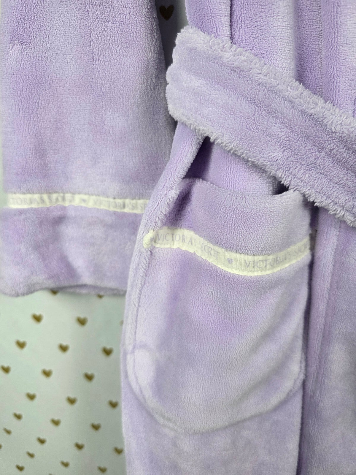Victoria’s Secret Lavender Plush Long Robe Med Logo Trim Belted Pockets