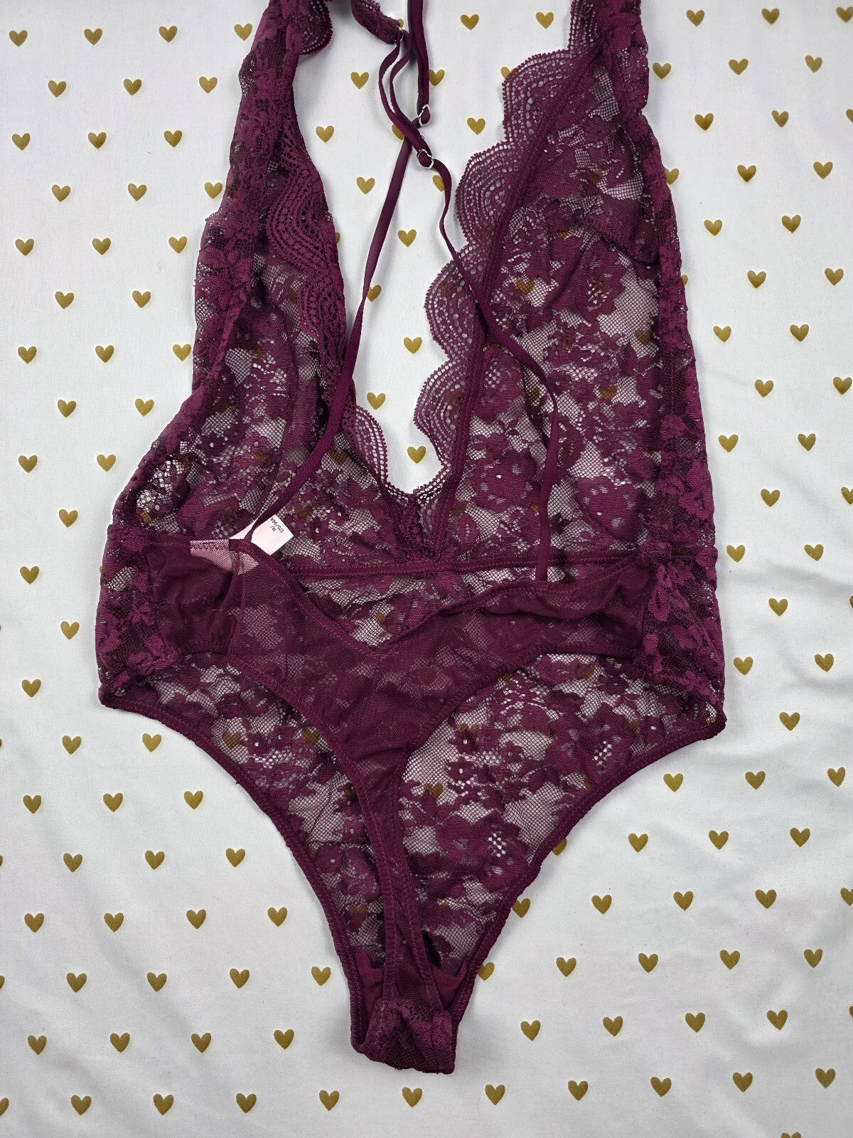 Victorias Secret Maroon Strappy Thong Teddy Bodysuit Sheer Lingerie MEDIUM