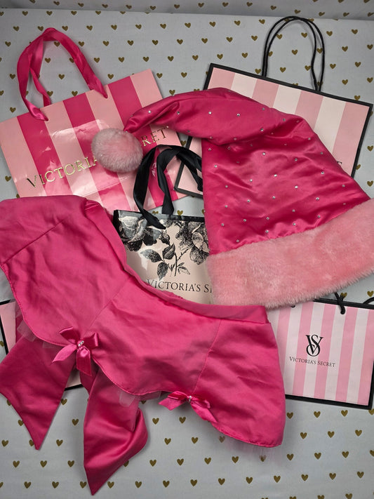 Victoria's Secret Sexy Little Things Pink Satin Santa Hat & Bow Skirt Set BLING