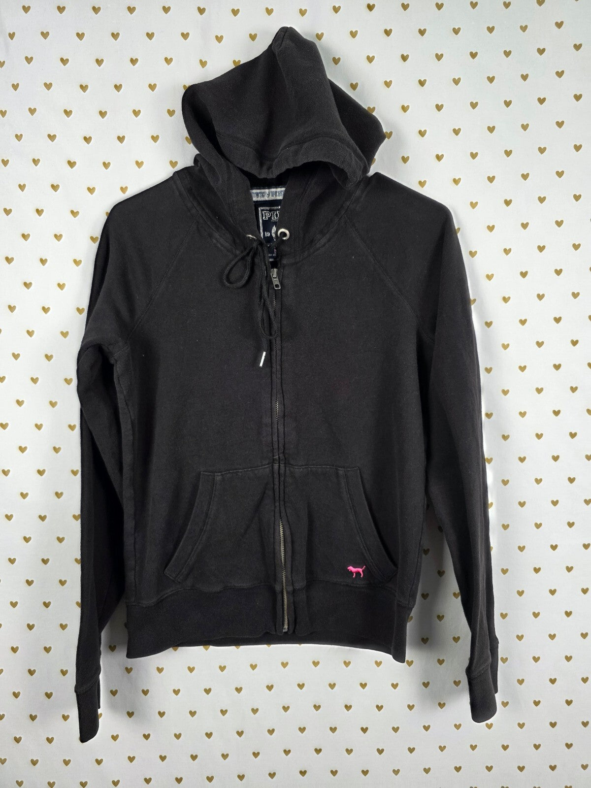 Victorias Secret Pink Vintage Y2k PEACE Love Full ZIp Hoodie Jacket Black Medium