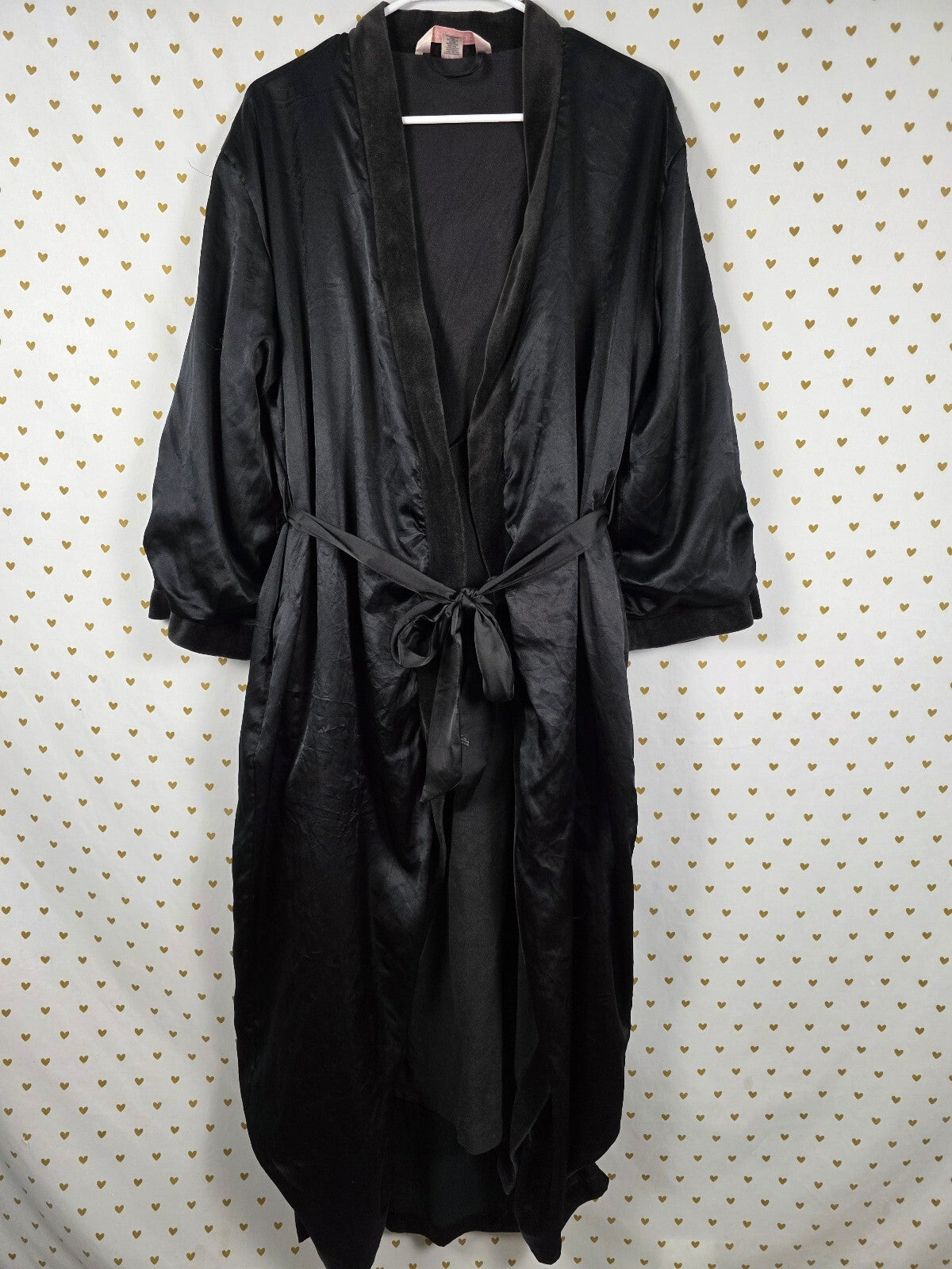 Vintage Victoria's Secret Satin Fleece Lined Long Robe Black Velvet Trim XS/S