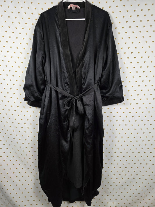 Vintage Victoria's Secret Satin Fleece Lined Long Robe Black Velvet Trim XS/S