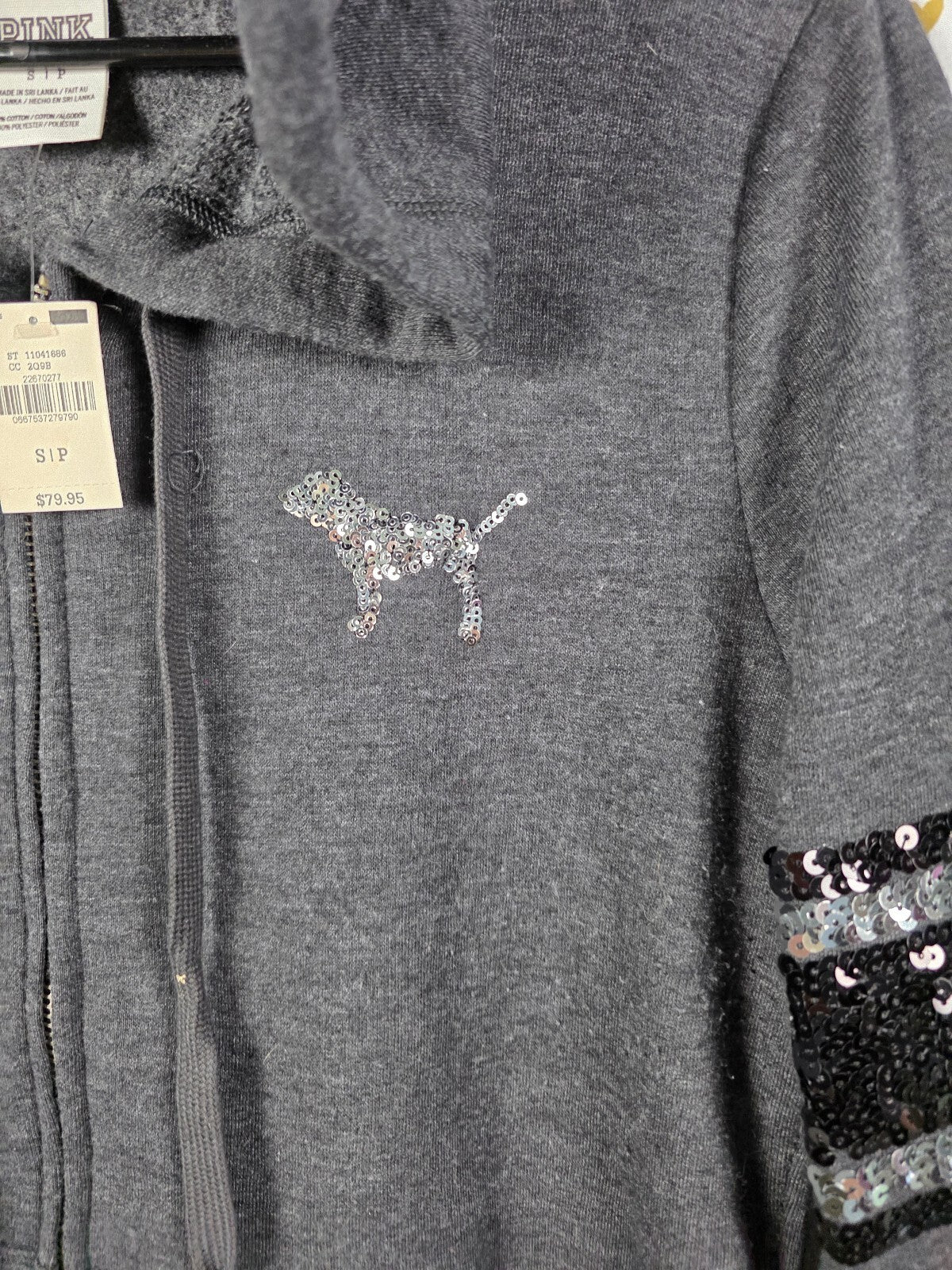 Victorias Secret Pink Bling NEW NWT Sequined Logo Hoodie Jacket Grey Small