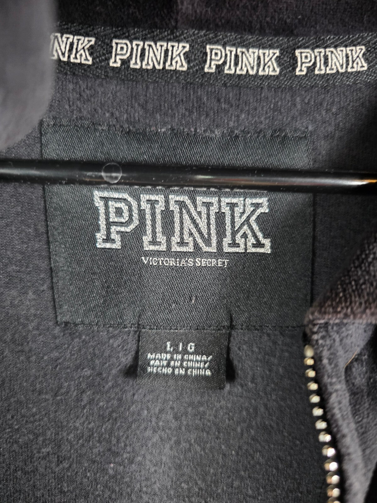 Victorias Secret Pink Velour BLING Studded Black Full Zip Hoodie Jacket LARGE