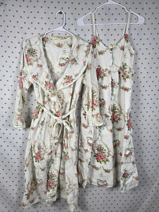 Vintage Victoria's Secret Floral Cotton Robe Nightgown Set Roses Cottagecore XS