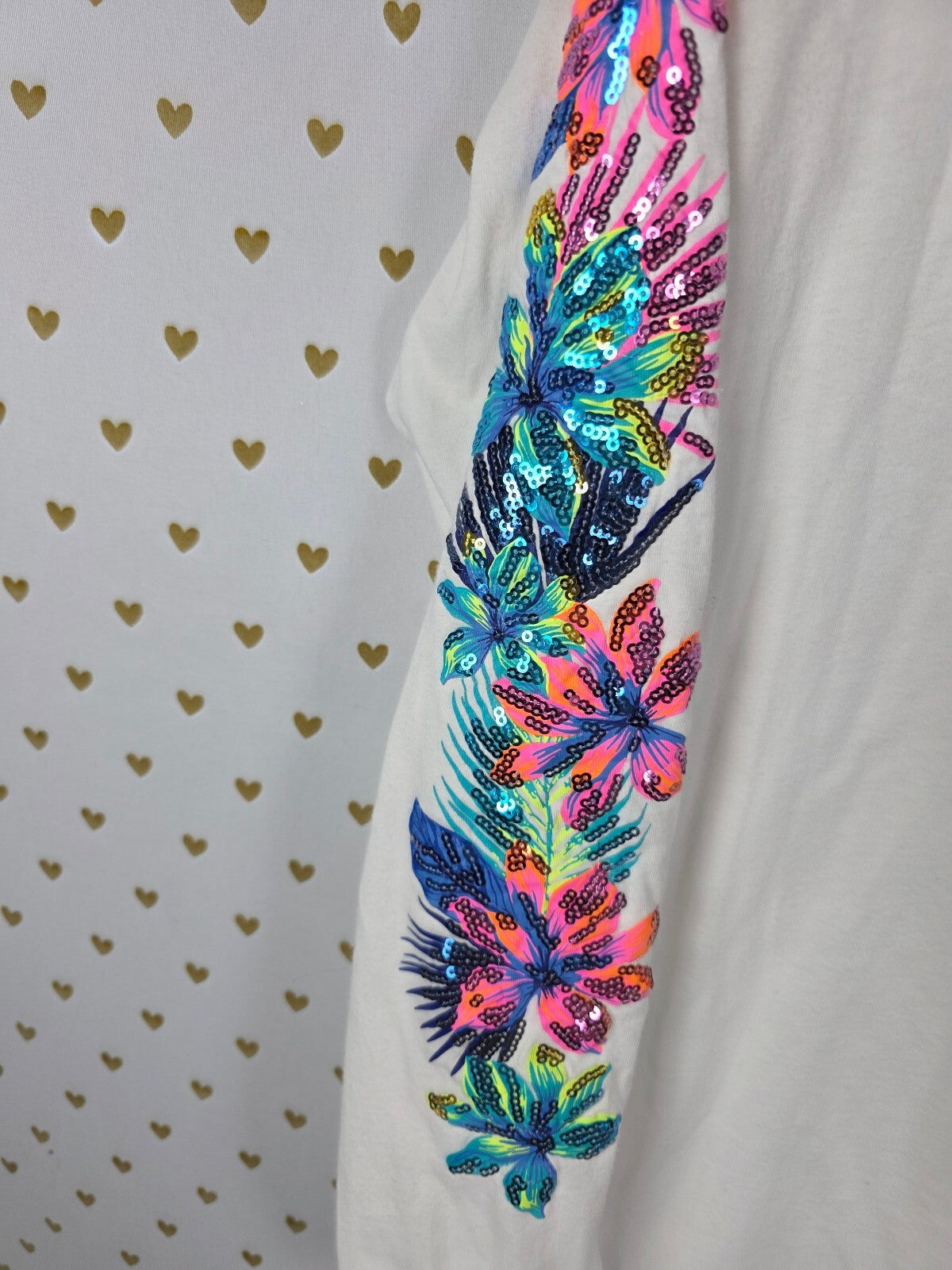 Victoria's Secret PINK Campus Tee Sequin Tropical Floral Hibiscus BLING White M
