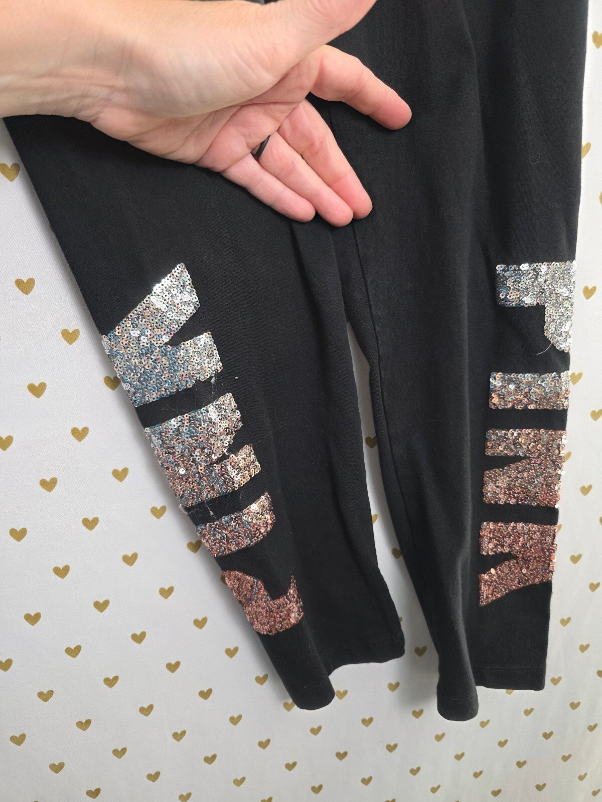 Victorias Secret PINK Bling Logo Slouchy Tee Shirt Sequined Yoga Pants SET Large