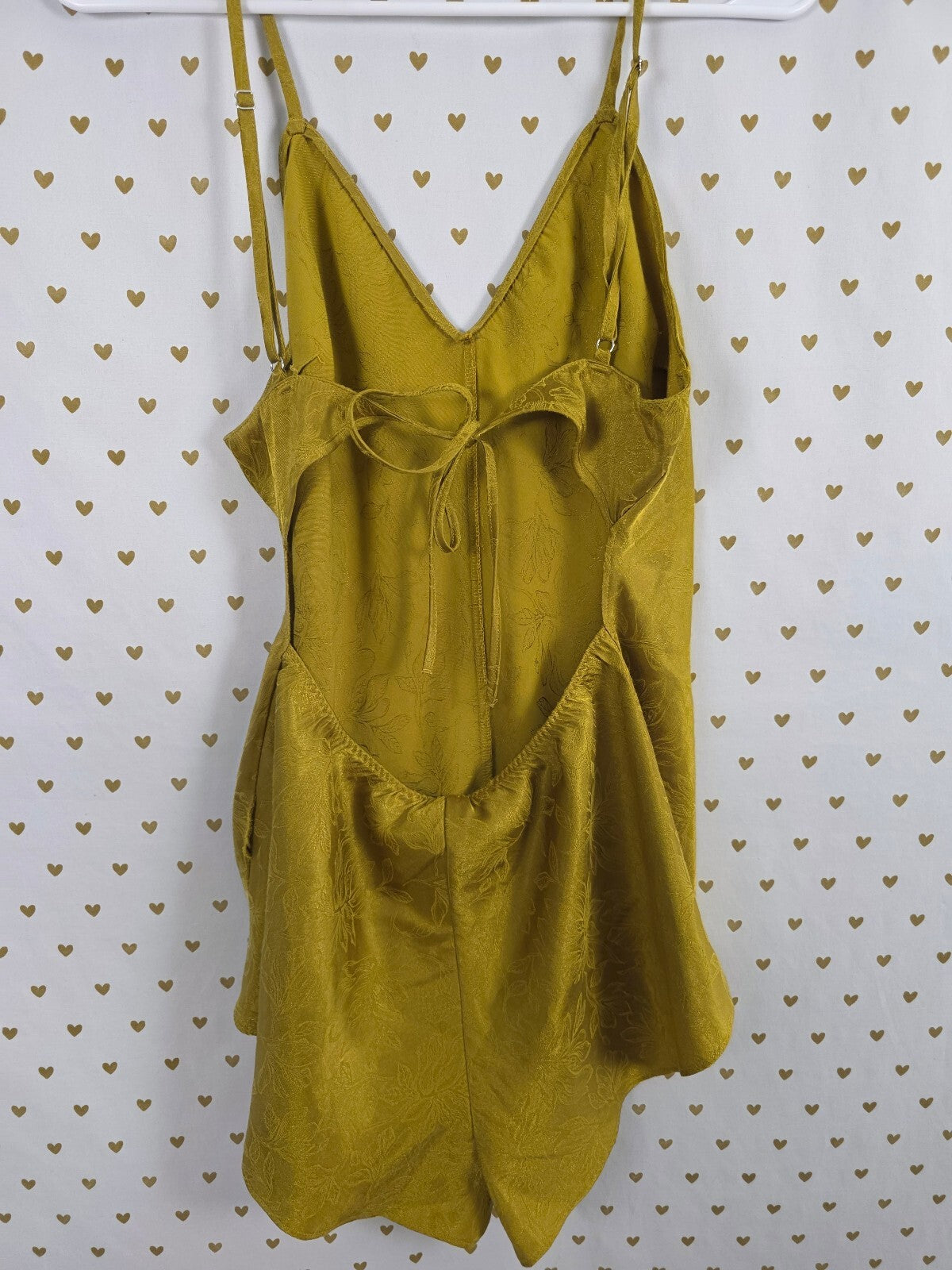 Victoria's Secret Satin Jacquard Romper L Golden Chartreuse Floral Tie Back