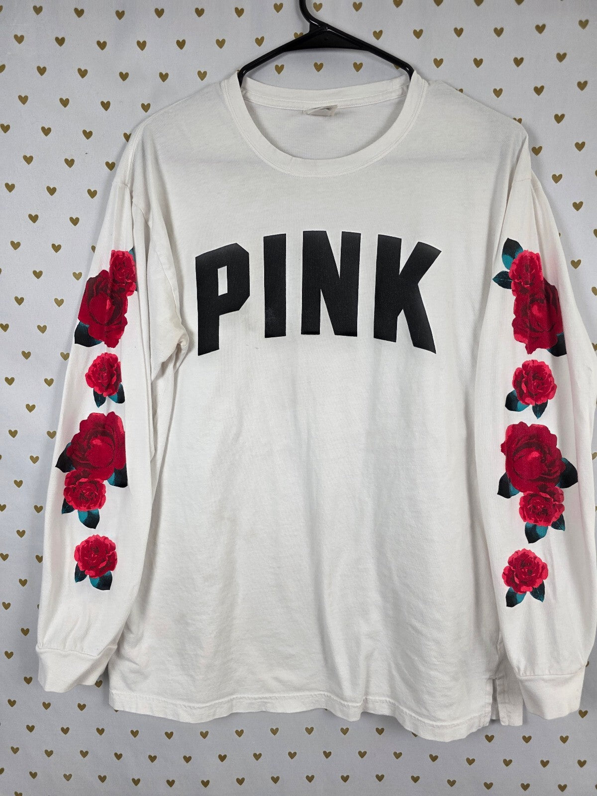 Victorias Secret PINK Roses Logo White Long Sleeve Tee shirt Logo Medium