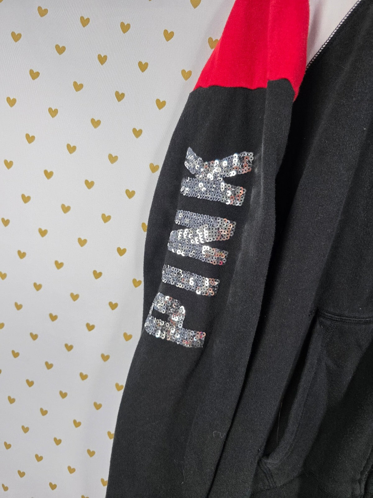 Victorias Secret Pink Black Bling Full Zip Hoodie Jacket Logo sequined Large