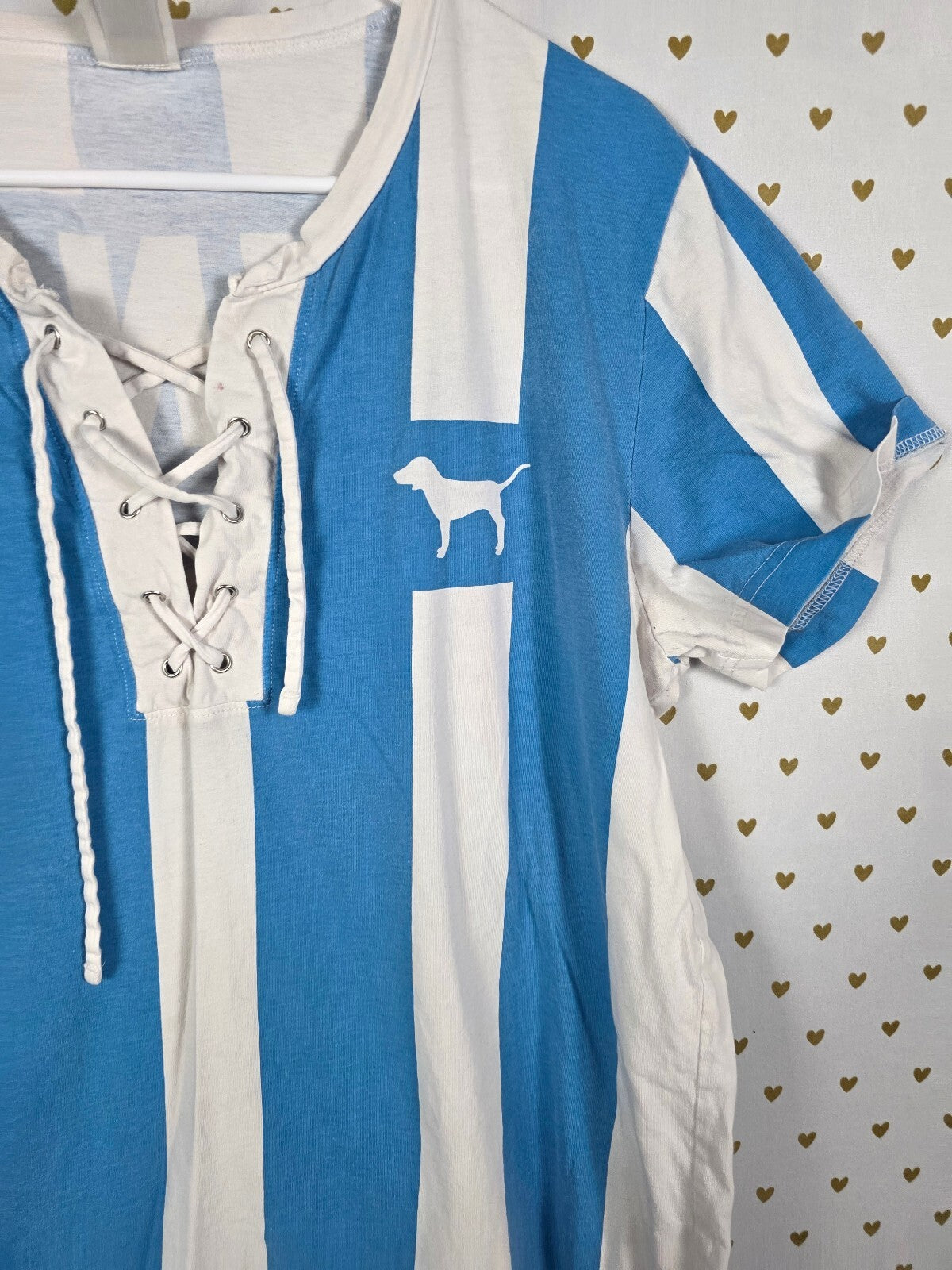 Vintage Victoria's Secret PINK Blue White Stripe Lace Up Dog Tee Shirt Large