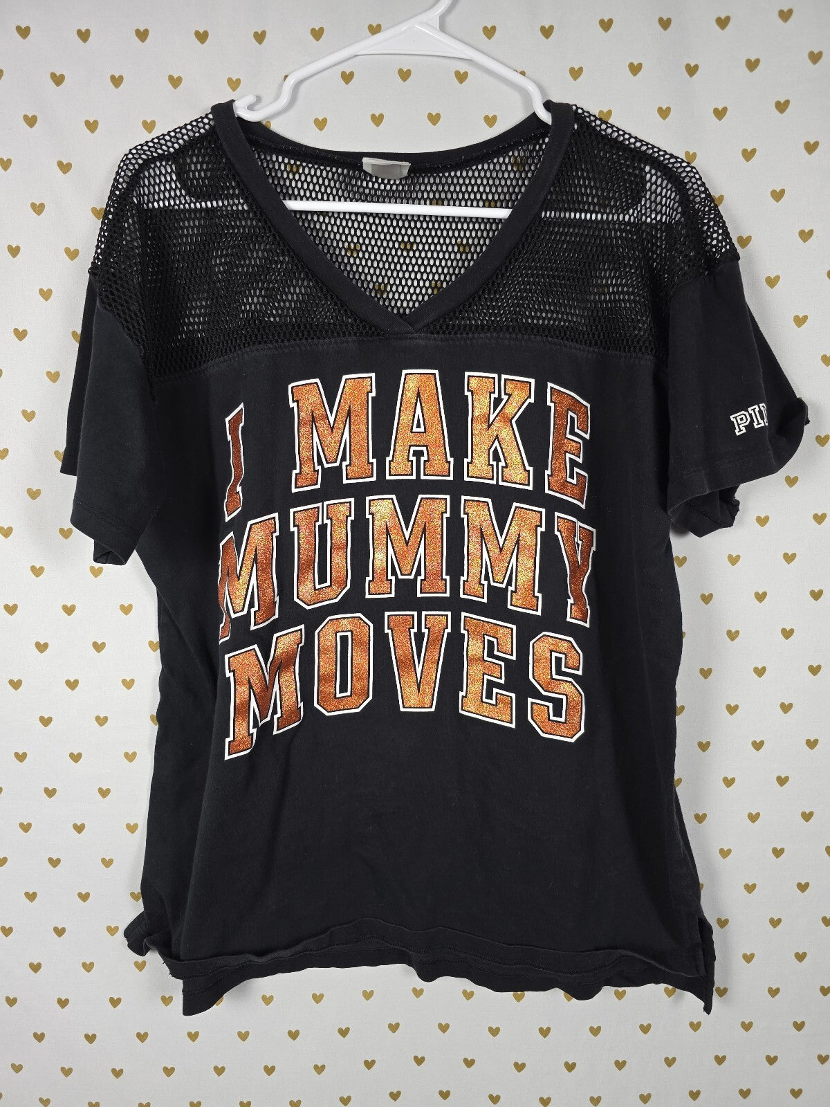 PINK Victoria's Secret I Make Mummy Moves Halloween Mesh Jersey Tee Black MEDIUM