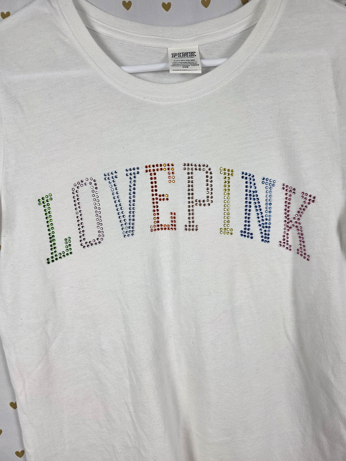 Victorias Secret PINK LOVE Rainbow Bling Studded Sweats Tee Shirt 2pc SET SMALL