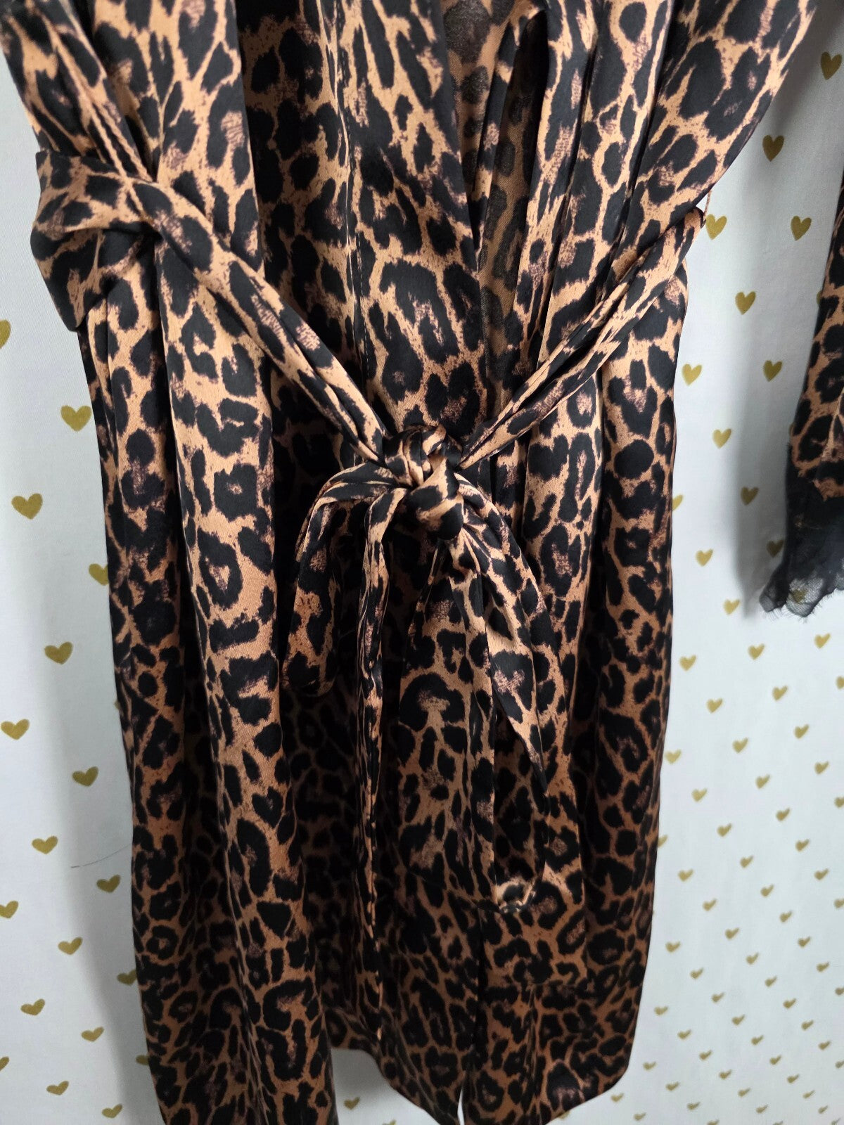 Victoria's Secret Leopard Satin Robe M/L Black Lace Kimono Animal Print