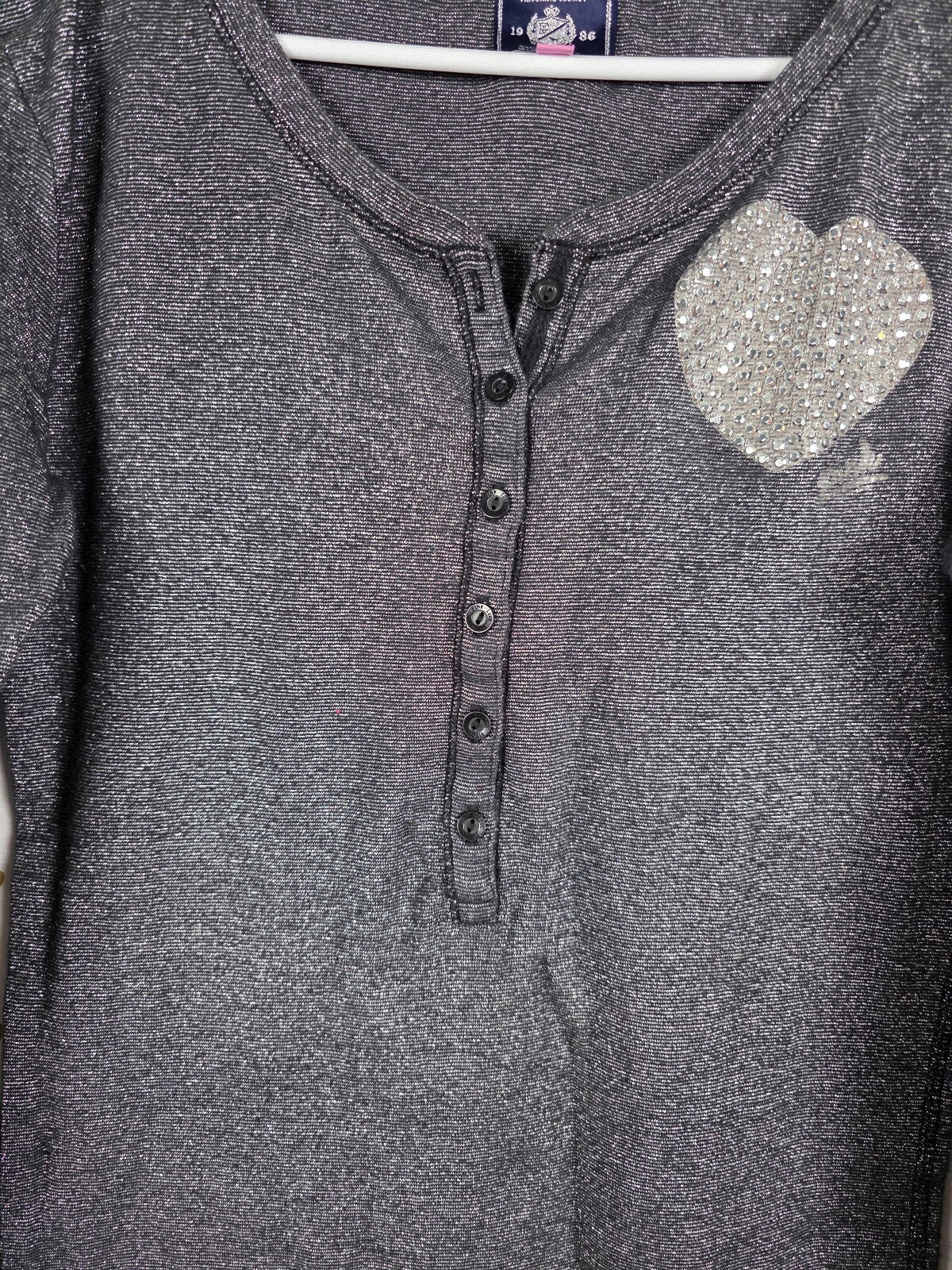 Victorias Secret PINK Vintage SHIMMER Heart BLING HENLEY Long Sleeve Button L