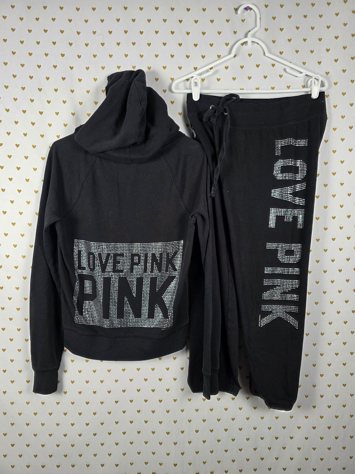 Victorias Secret Pink Vintage Bling Studded SET 2pc Hoodie Sweats XS SM Y2k