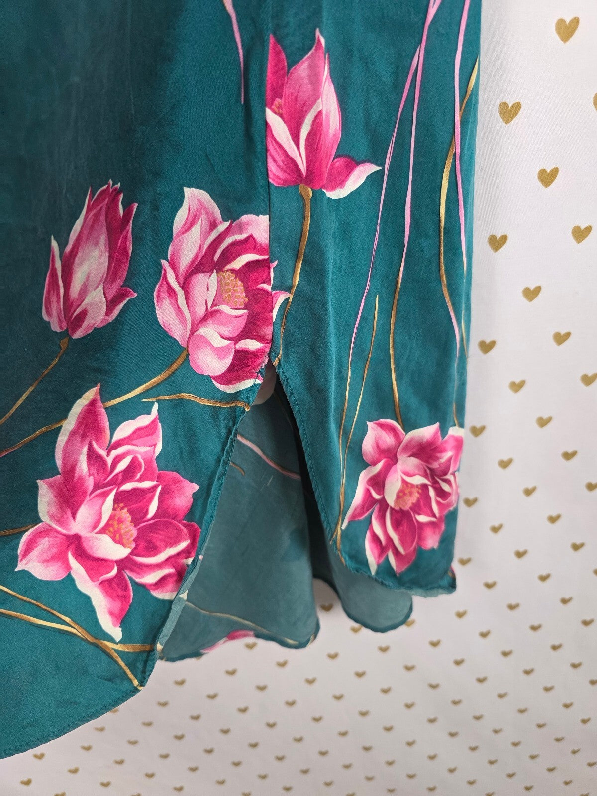 Victoria's Secret Gold Label 100% Silk Floral Slip Dress Nightgown M Teal