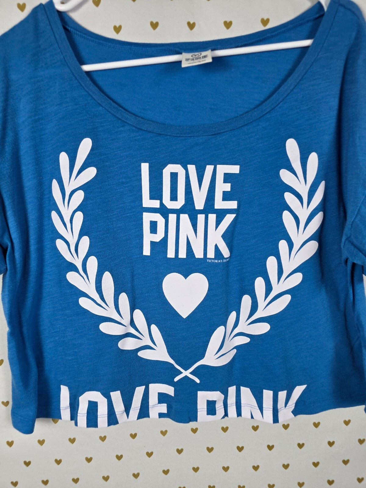 Victorias Secret PINK Cropped Vintage Y2k LOVE Logo Large Blue Tee shirt