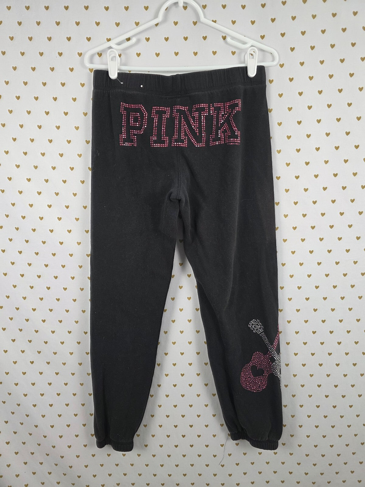 Vintage 2009 VS PINK Rhinestone Guitar Sweatpants Black BLING Small Y2K