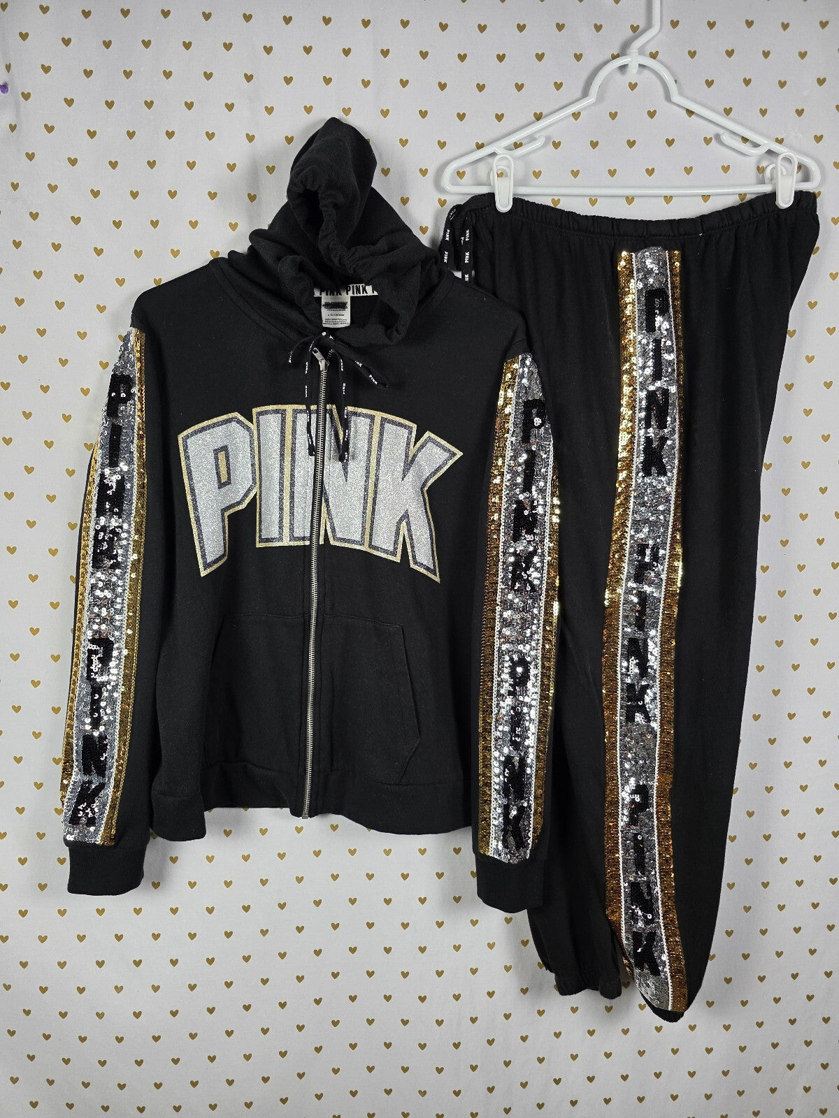Victorias Secret Pink BLING Sequined Matching JACKET & Sweatpants SET LARGE 2pc
