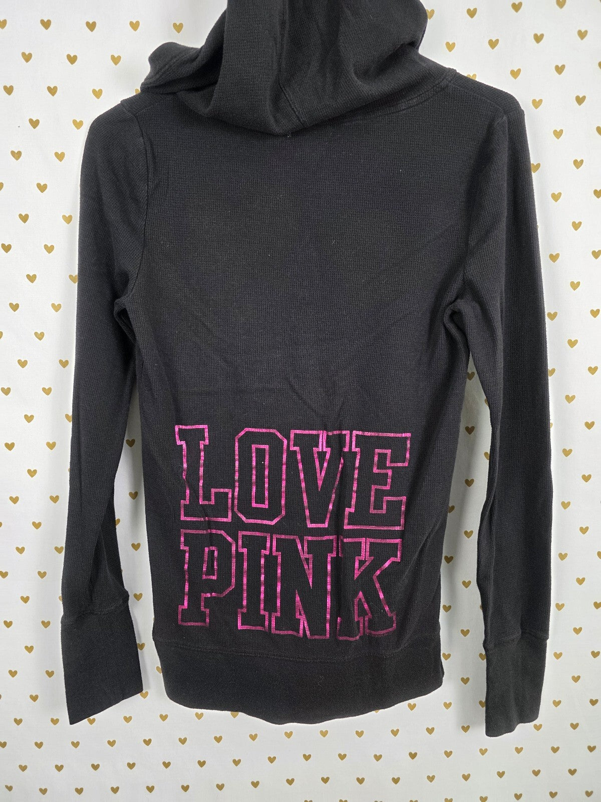 Victorias Secret Pink Vintage Black Thermal Hooded Henley Logo Medium