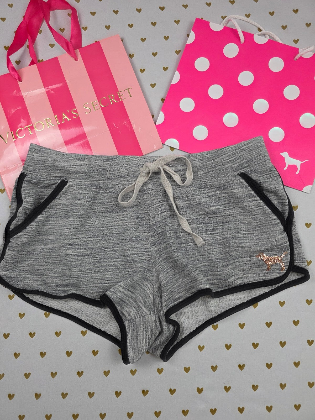 Victorias Secret PINK Gold Bling Sweats Sweatshorts Shorts Grey Sequined Large