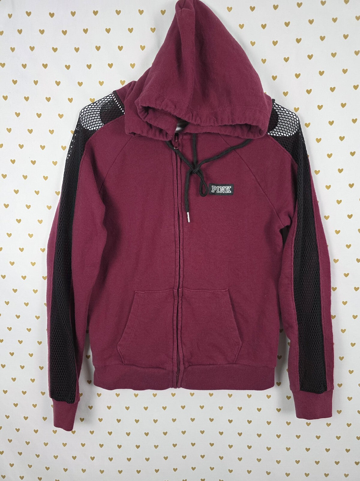 Victorias Secret Pink BLING Full Zip Mesh Sleeve Jacket Maroon Small