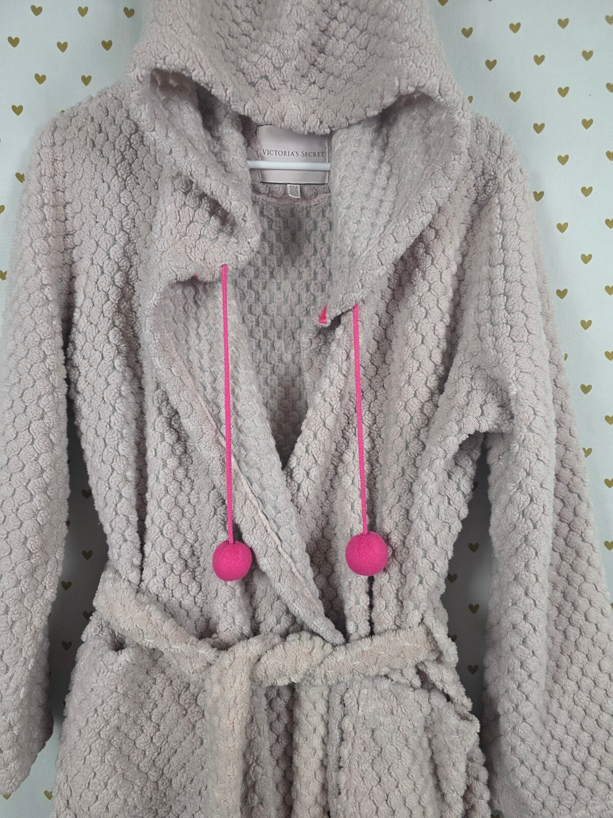 Victoria's Secret Teddy Bear Ear Hooded Robe Pink Pom Pom Textured Fleece M