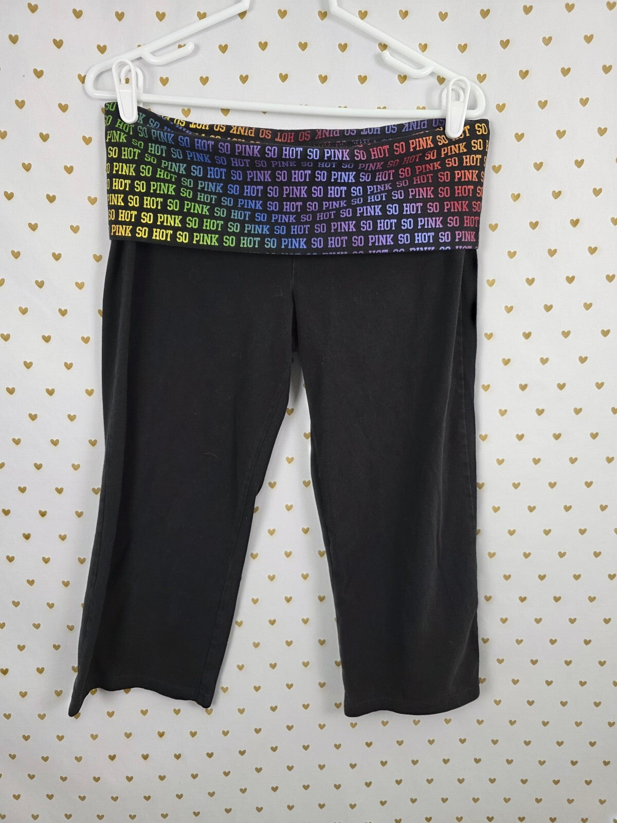 Victoria's Secret PINK Yoga Crop Pants L Foldover SO HOT Rainbow Waist Y2K