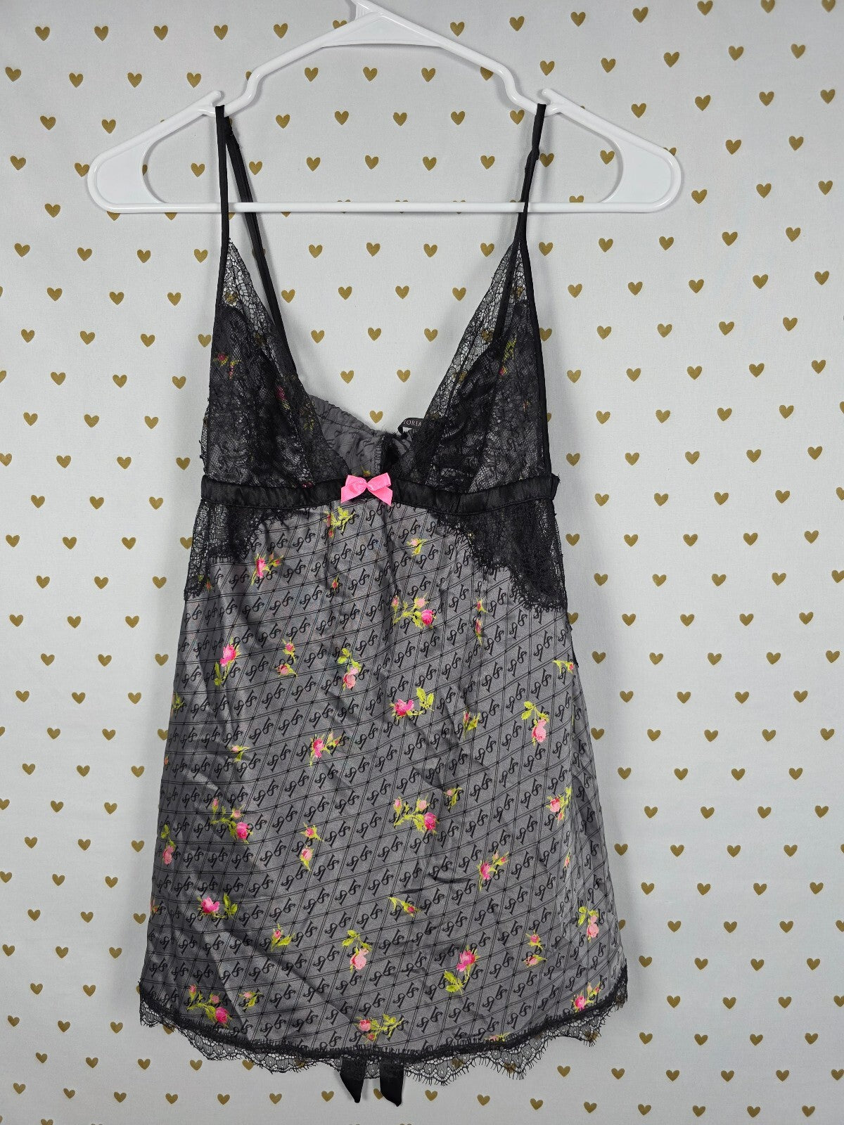 Victorias Secret Medium Satin Logo Babydoll Nightie Lingerie Lace Silky