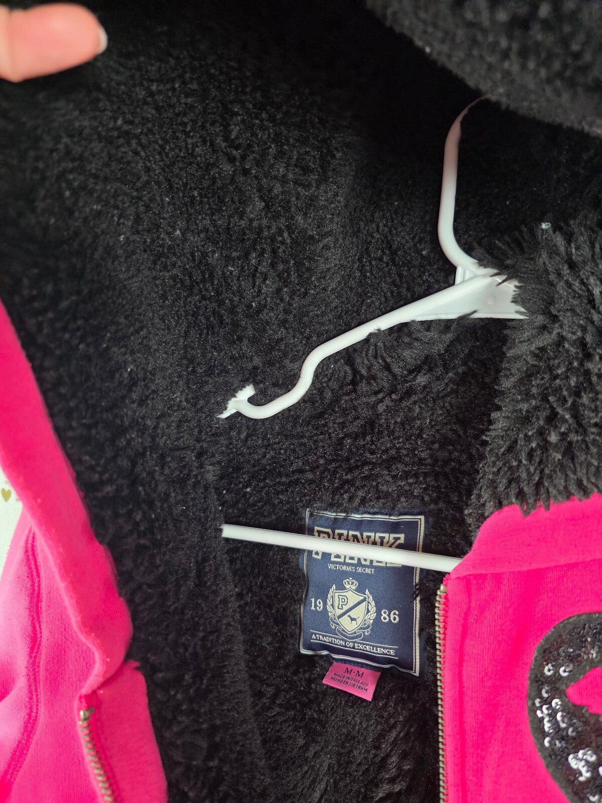 Victorias Secret Pink Fur lIned Bling Sequined Hoodie Jacket Medium Warm