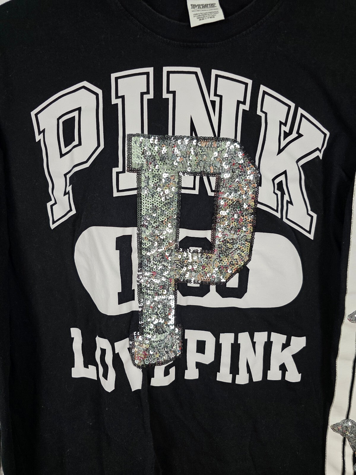 Victorias Secret PINK BLING Silver Dog Logo Long sleeve tee shirt XS Oversized