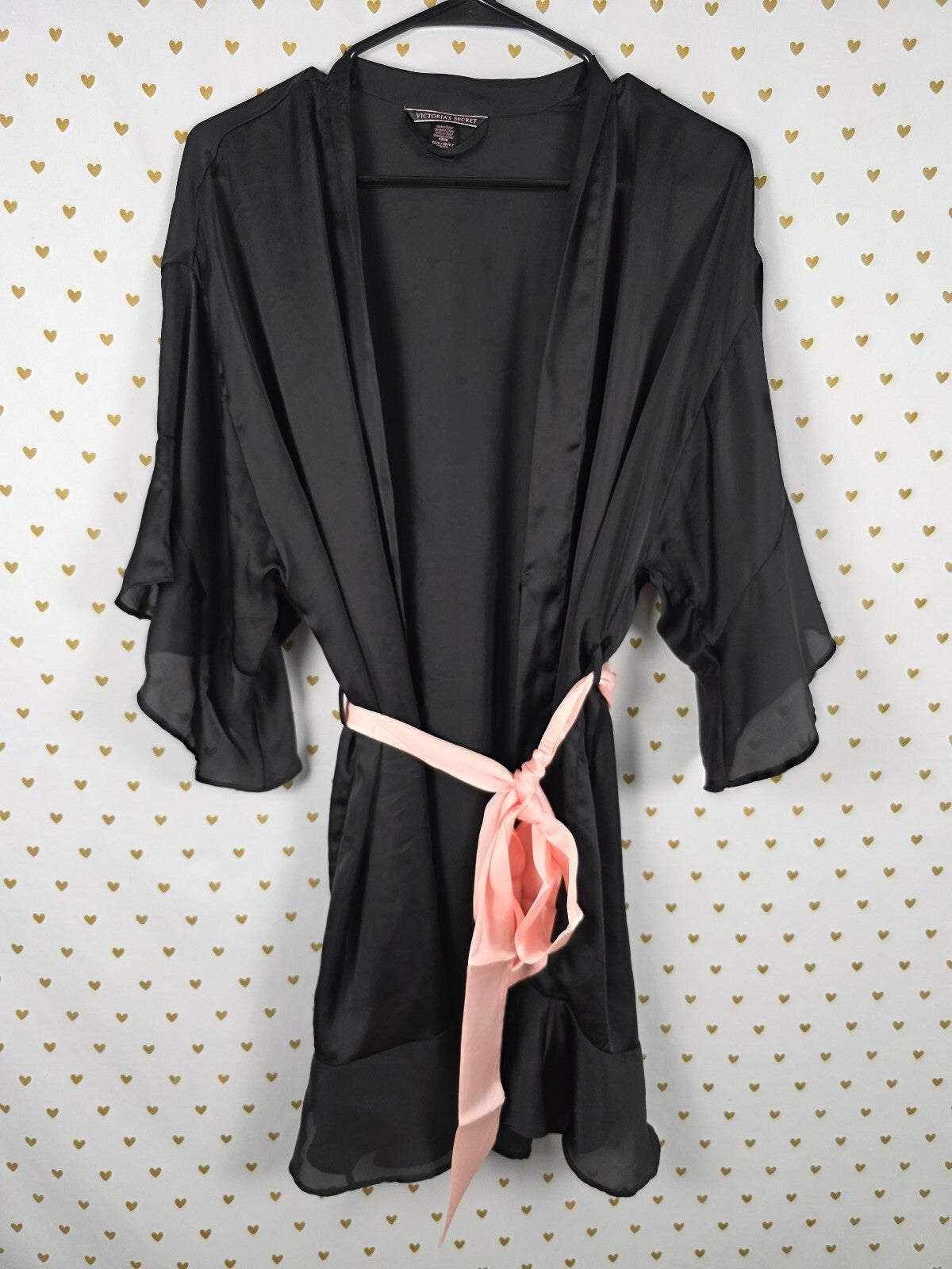 Victorias Secret  Black Ruffled Flutter Flowy XS SMALL Satin Silky Robe