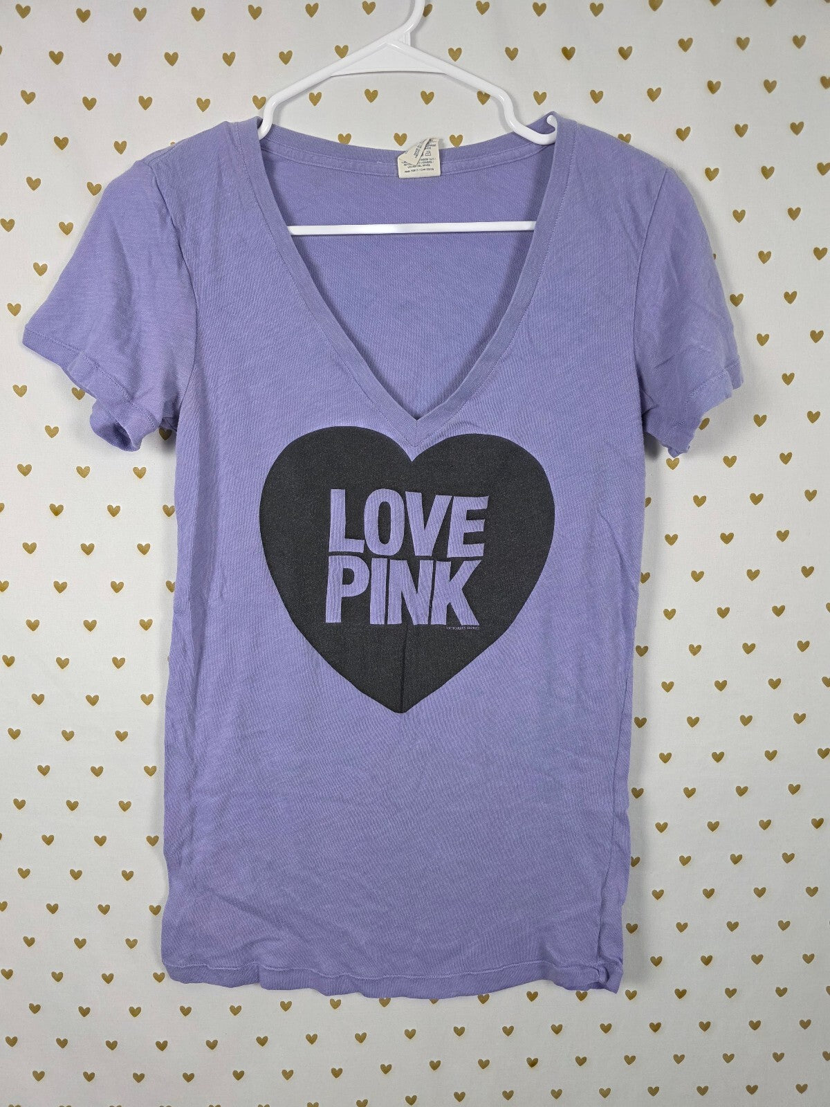 Victorias Secret PINK Vintage y2k Purple V neck LOVE Heart Tee shirt SMALL