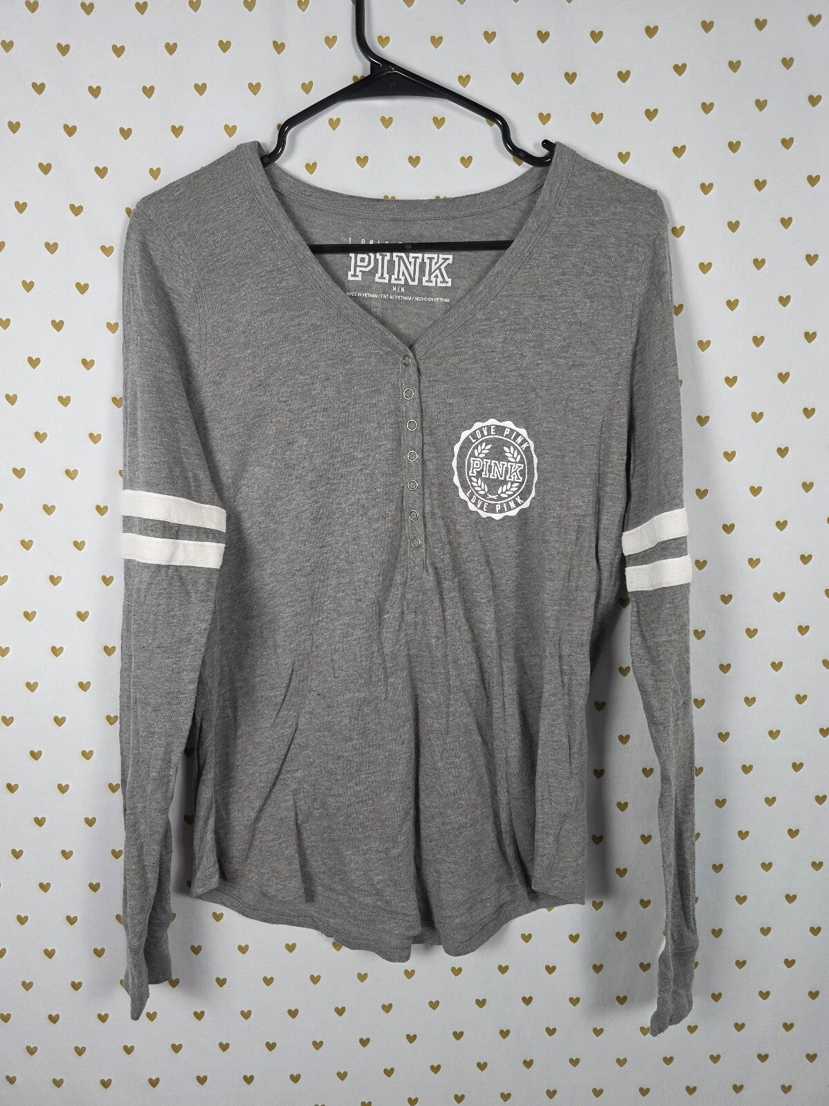 Victorias Secret PINK MY DAY STARTS AT NOON Henley Grey Shirt MEDIUM