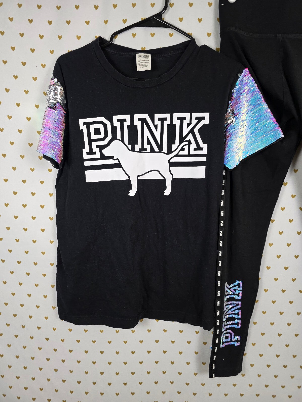 Victorias Secret PINK Mermaid Flip Bling Yoga Pants & Tee set outfit Small HTF