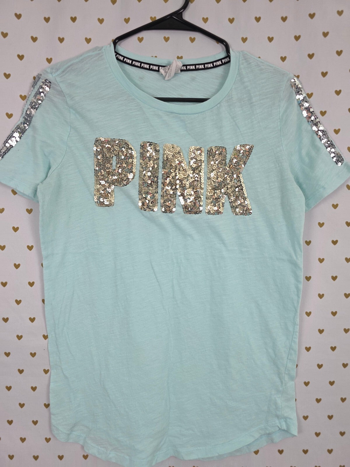 Victorias Secret PINK Bling Sequined Logo Short Sleeve Tee shirt Small