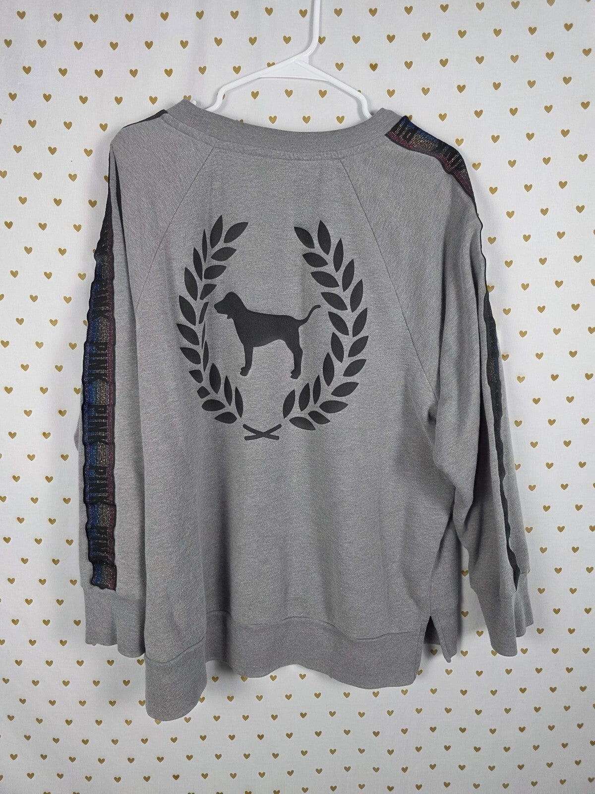 Victorias Secret Pink Rainbow Accent Sleeve Crest Logo Crew Sweater LARGE