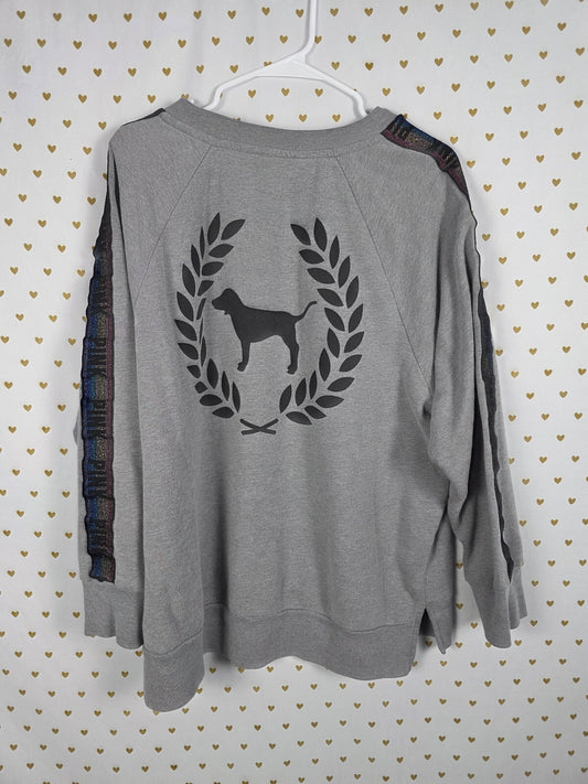 Victorias Secret Pink Rainbow Accent Sleeve Crest Logo Crew Sweater LARGE