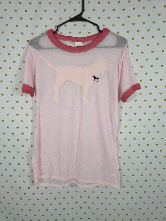 Victorias Secret PINK Sheer Dog Logo Ringer Tee shirt Medium