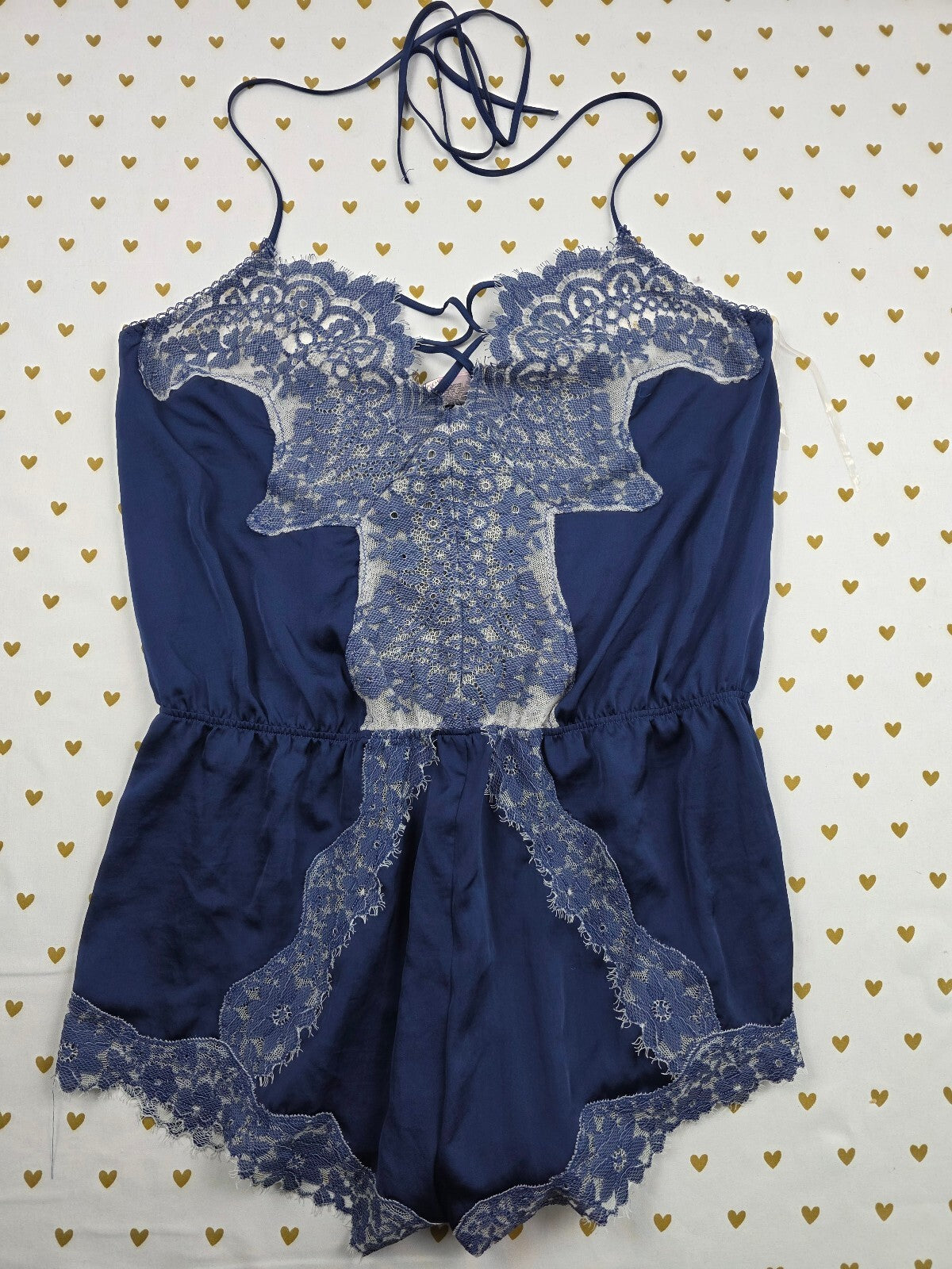 Victorias Secret Blue Sexy Sartin Lace Teddy Romper Bodysuit Lingerie LARGE