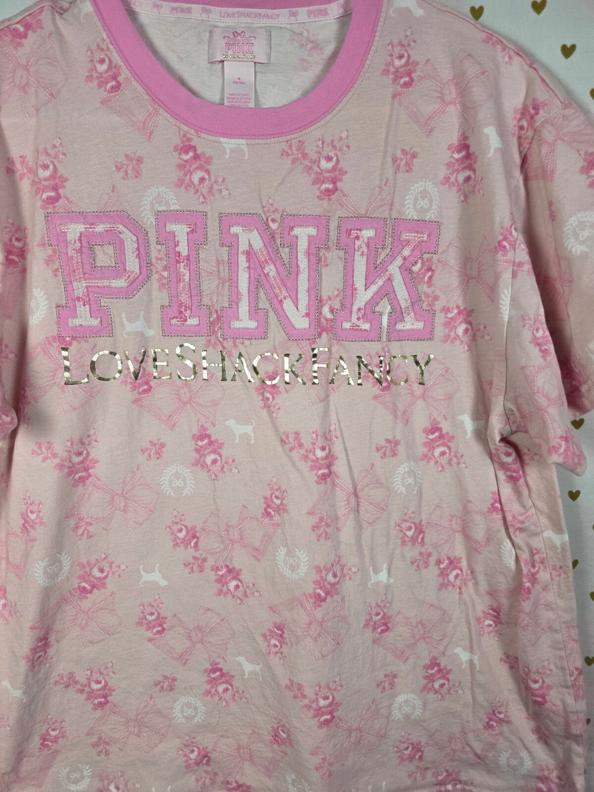 Victorias Secret PINK LOVESHACKFANCY Floral Campus Tee MEDIUM Logo Bows