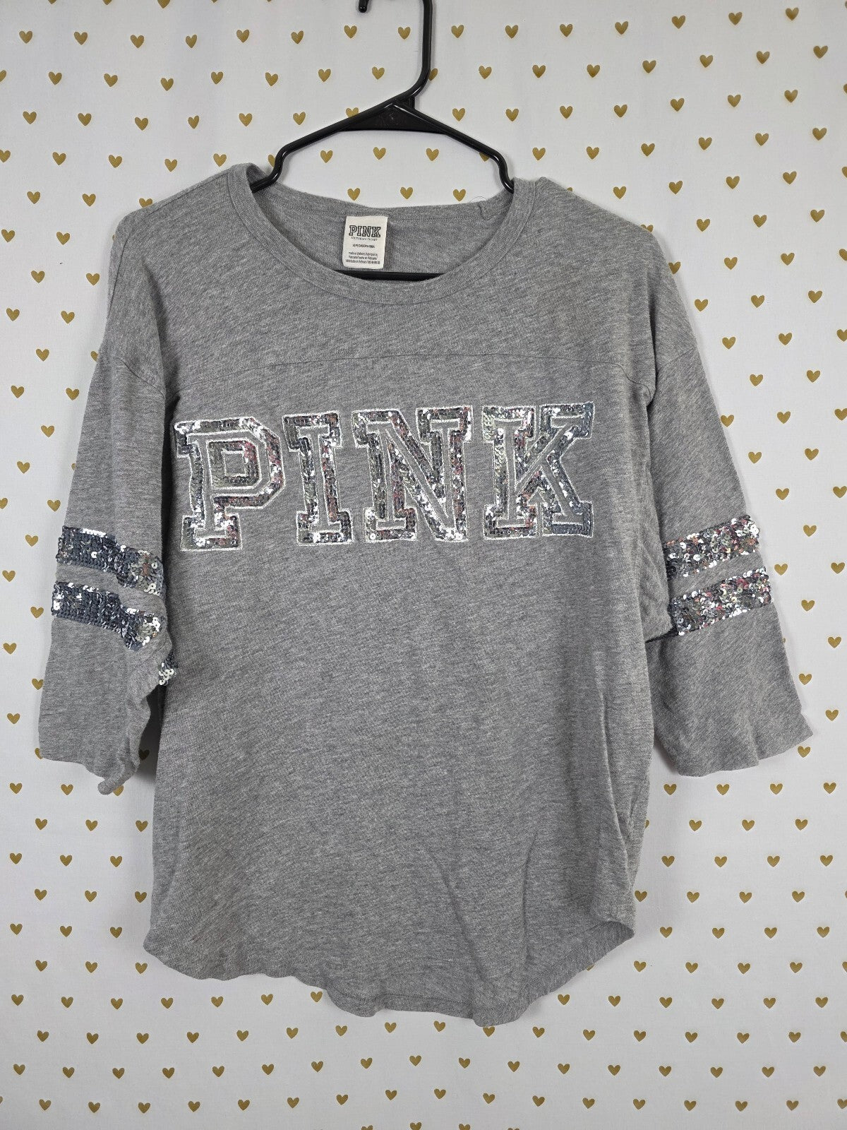 Victorias Secret PINK quarter Sleeve Grey Bling Logo Tee shirt Small