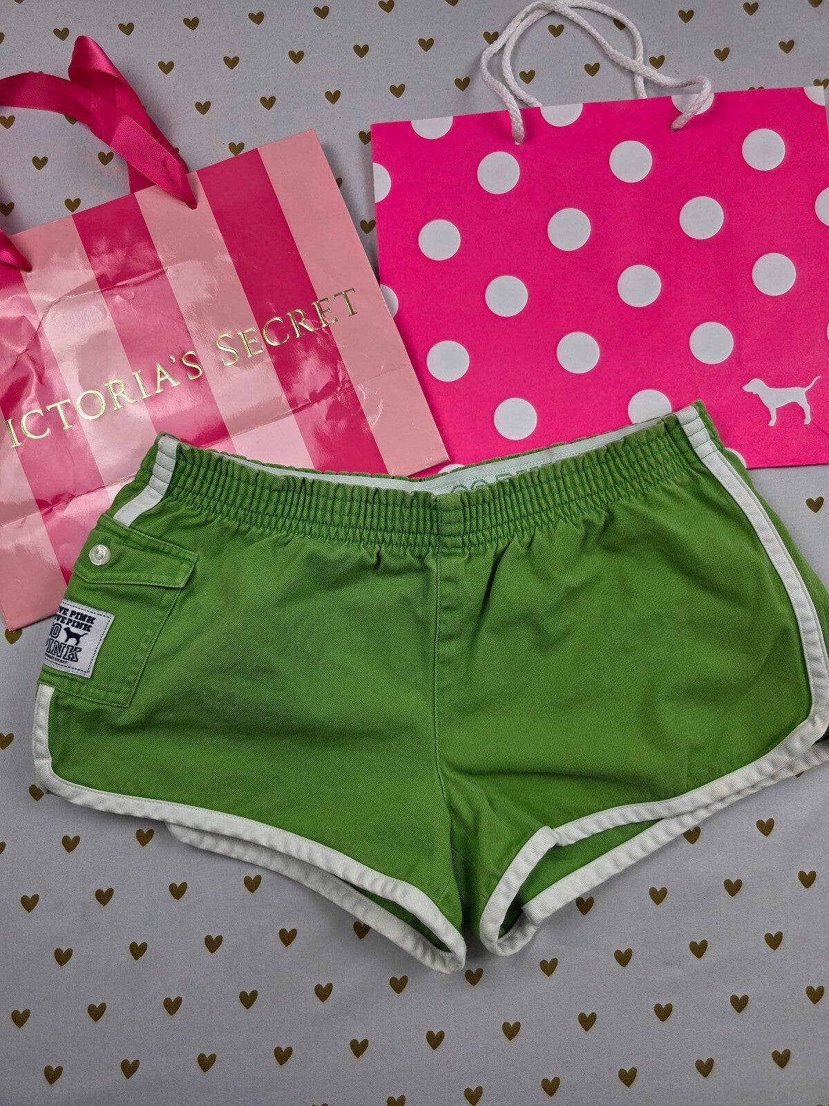 Vintage 2007 VS PINK Green Foldover Dolphin Shorts XS Go Pink Y2K Cargo