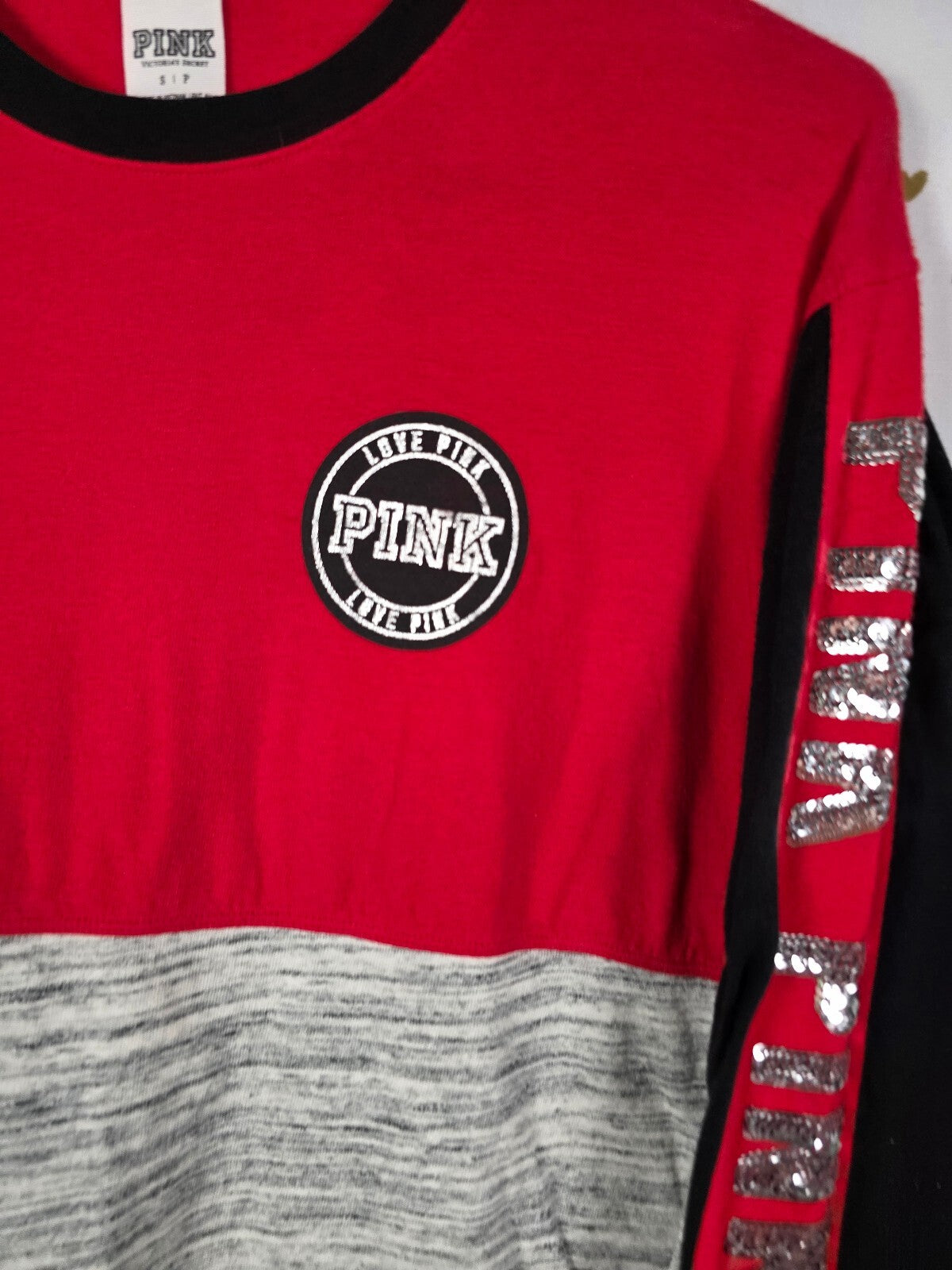 Victorias Secret PINK Red Bling Logo Long sleeve Colorblock tee shirt Small