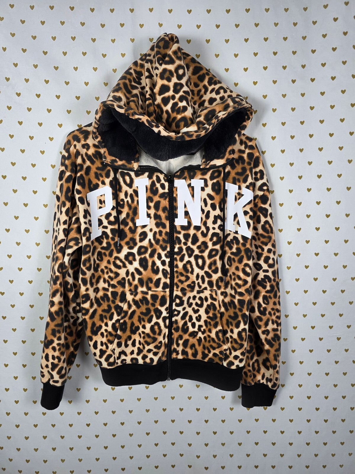 Victoria's Secret PINK Leopard Faux Fur Hoodie Full Zip Small S Rare