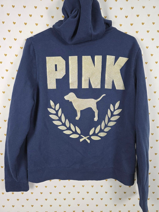 Victorias Secret Pink Blue GLITTER BLING Crest Hoodie Full Zip Jacket XL