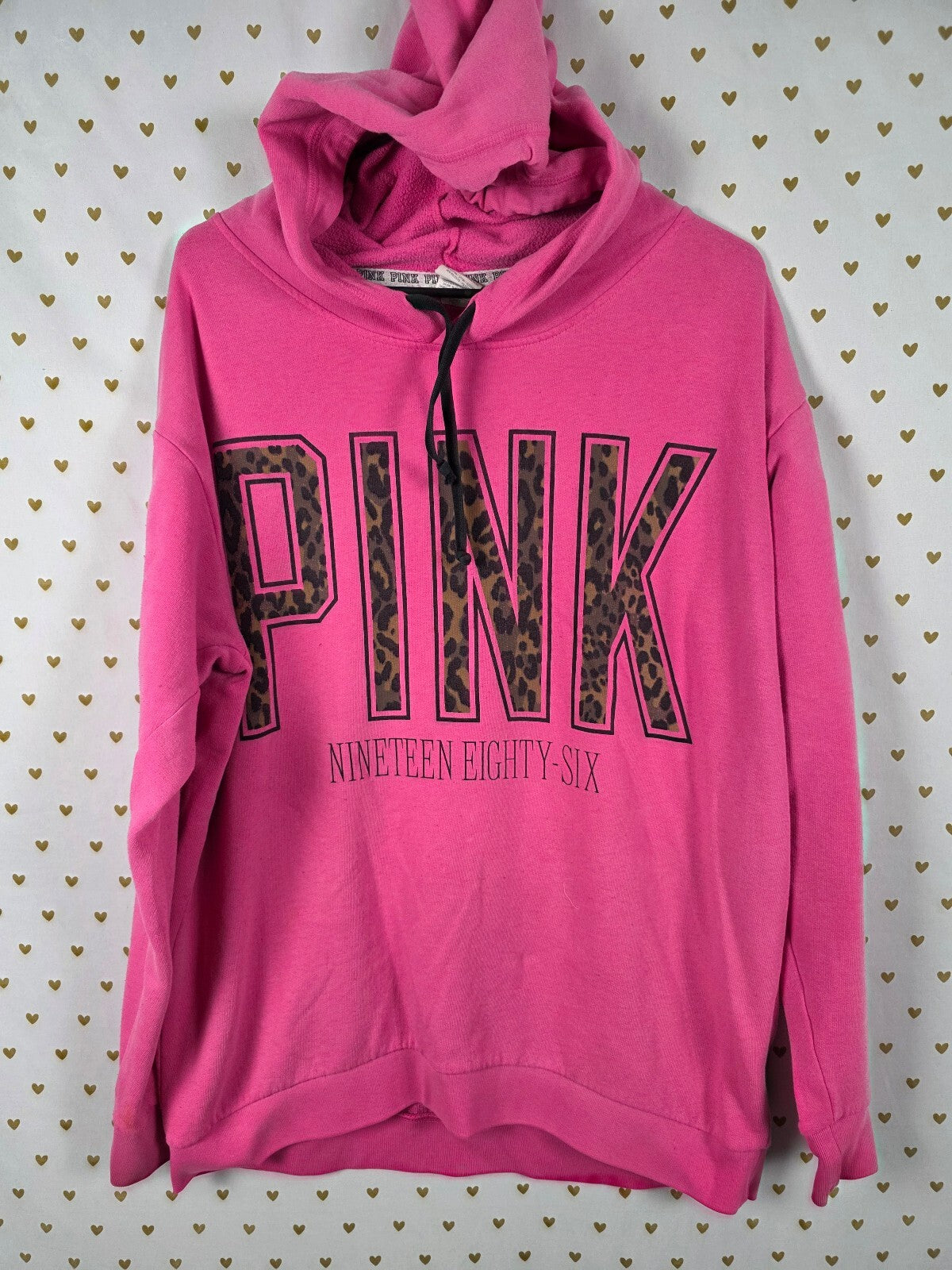 Victorias Secret Pink Leopard Cheetah Logo Oversized Pullover Hoodie Sweater MED